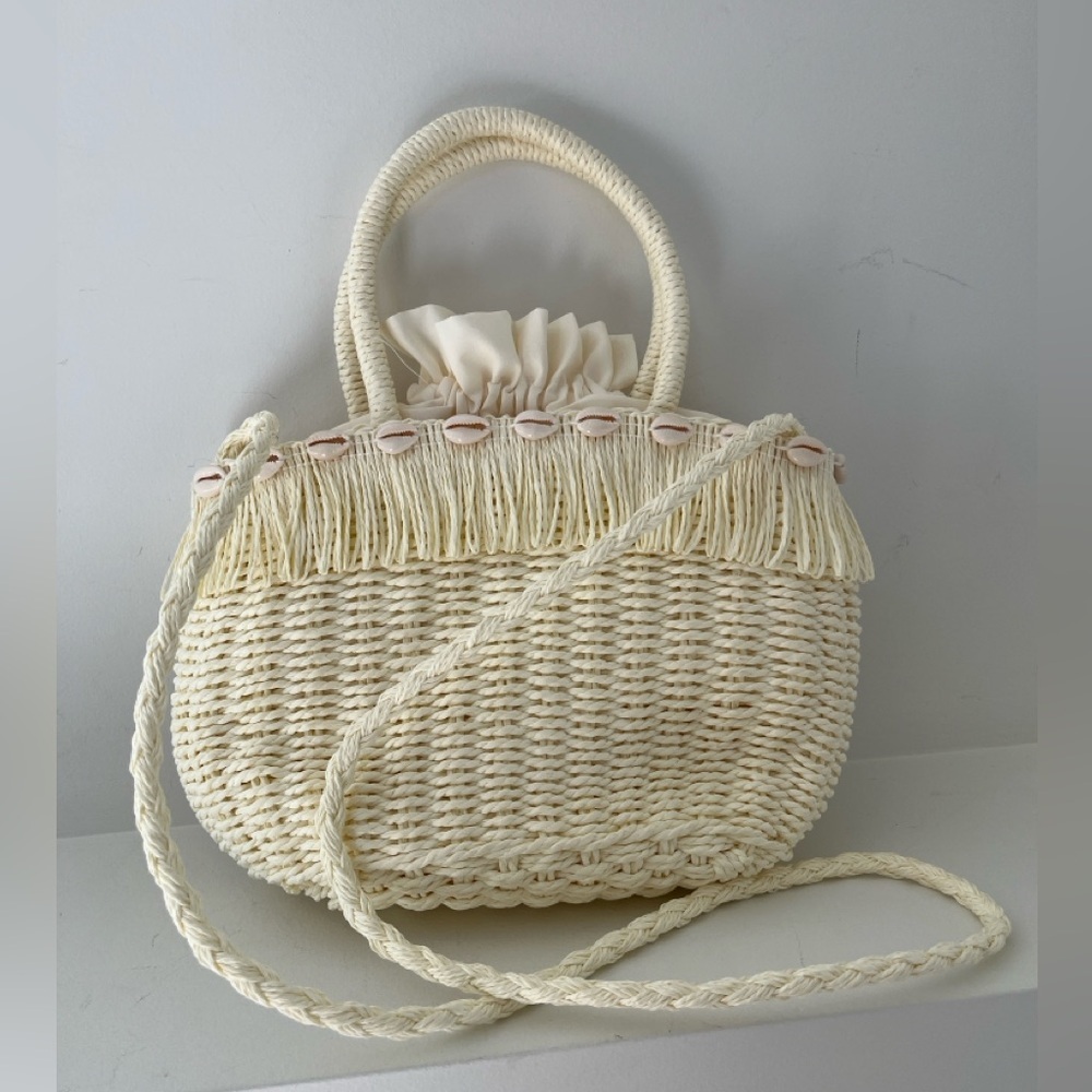 WOVEN Shell Fringe Detail Cross Body Bag Drawstring Closure Boho Vacation Chic
